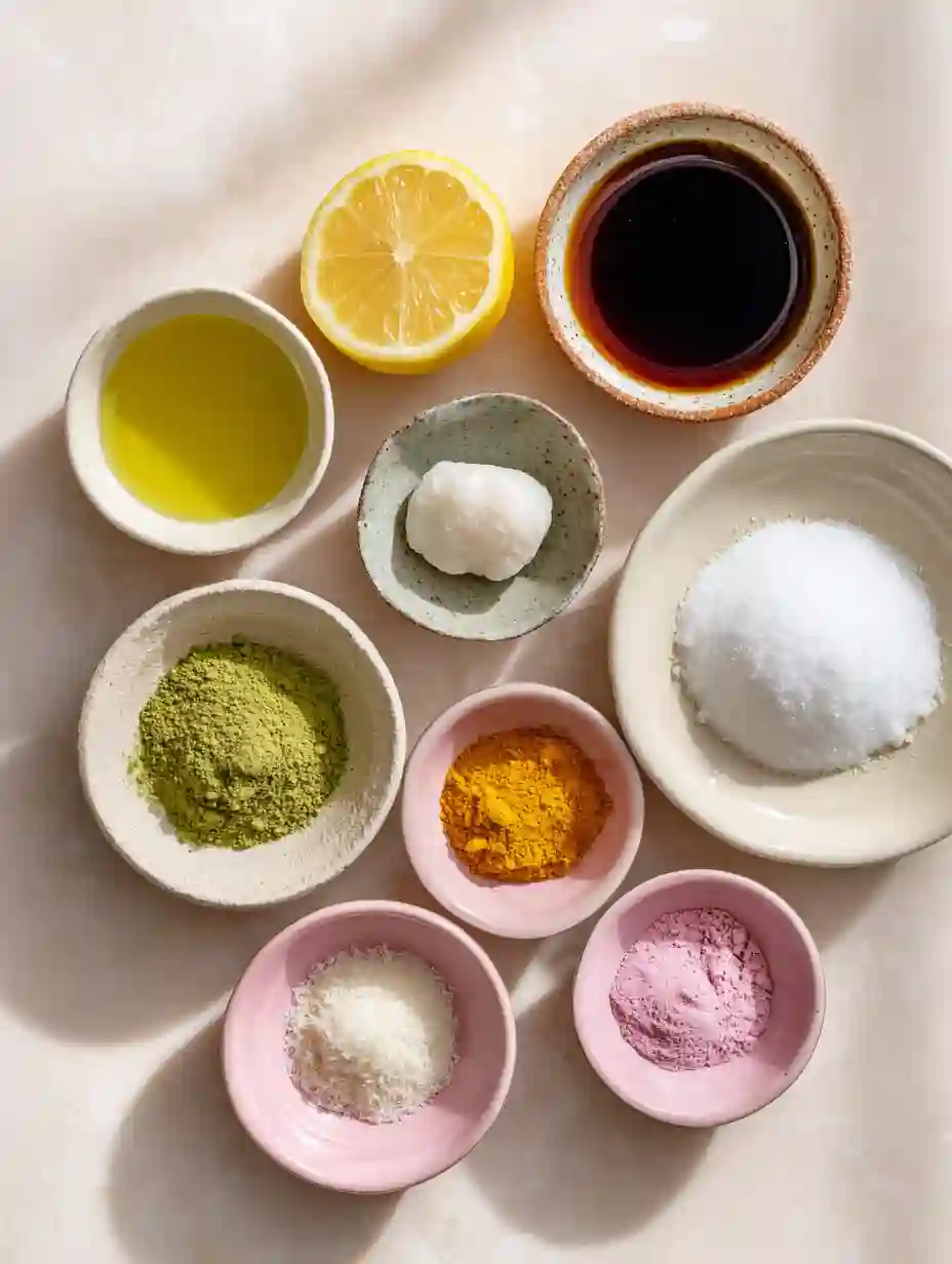 Flat lay of Japanese Mounjaro ingredients in labeled bowls