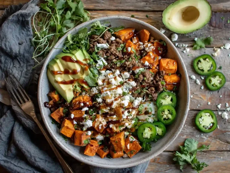 Sweet potato taco bowl with beef, avocado, and hot honey