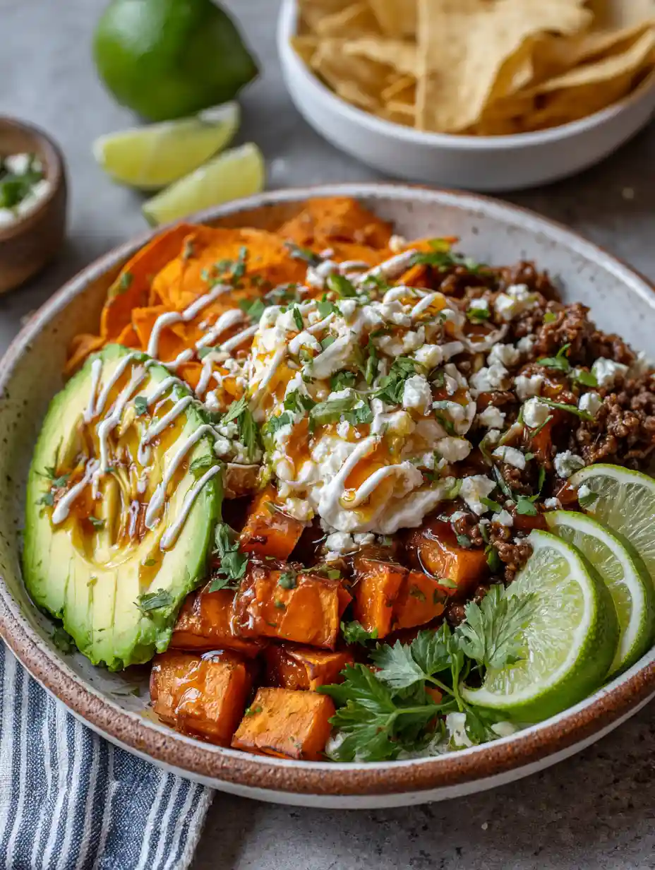 Assembled sweet potato taco bowl with toppings