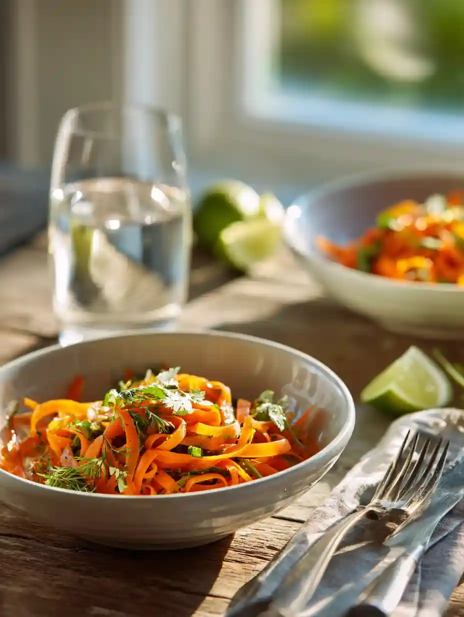 carrot ribbon salad served in individual bowls with herbs