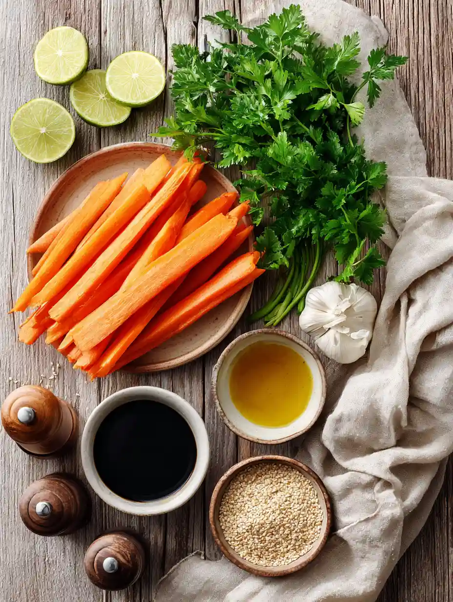 ingredients for carrot ribbon salad on wooden surface