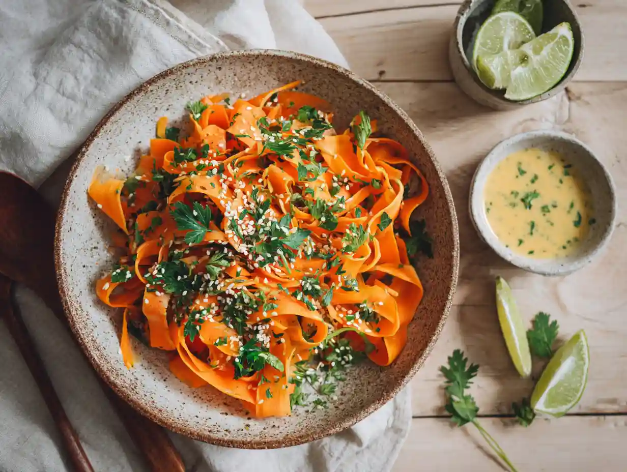 carrot ribbon salad in white ceramic bowl on wooden table