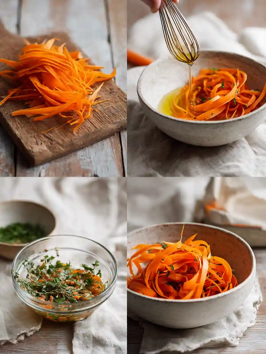 step-by-step process of making carrot ribbon salad