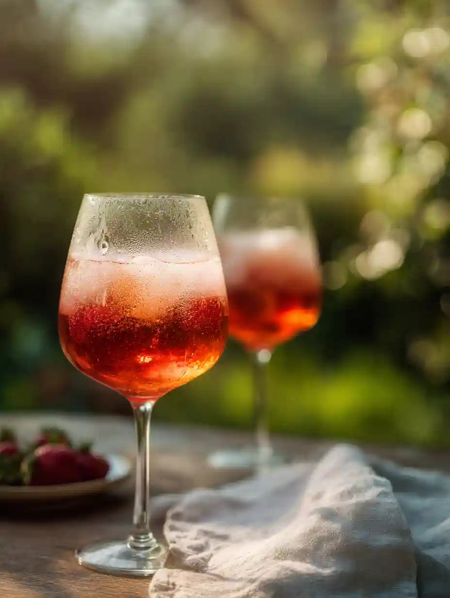 Strawberry Spritz served outdoors on a garden table