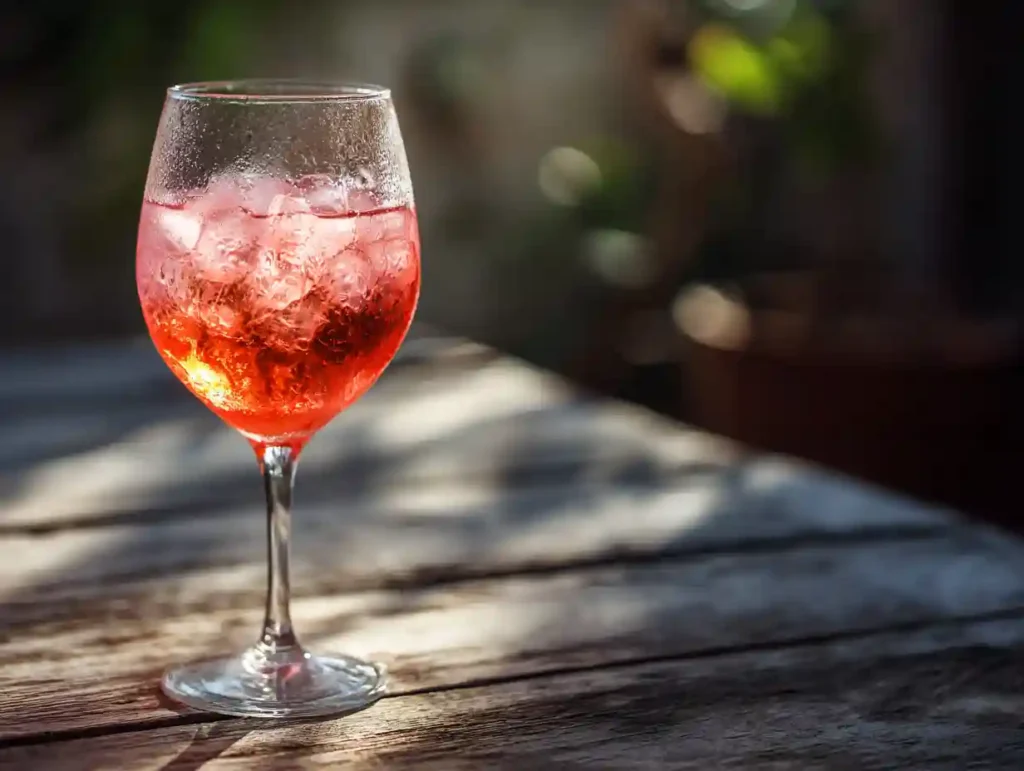 Strawberry Spritz cocktail in a clear stemmed glass on rustic table