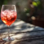 Strawberry Spritz cocktail in a clear stemmed glass on rustic table