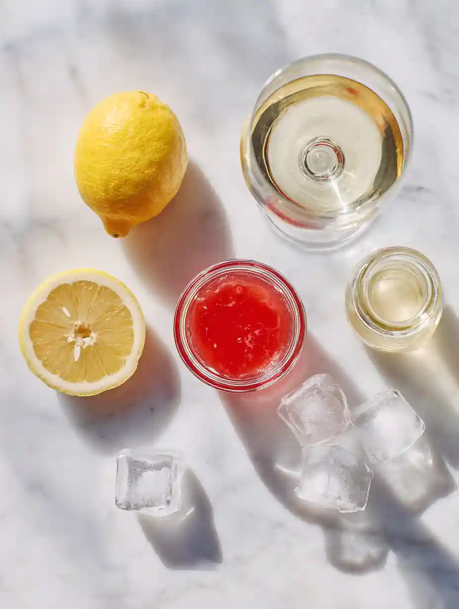 Ingredients for Strawberry Spritz cocktail laid out on white marble