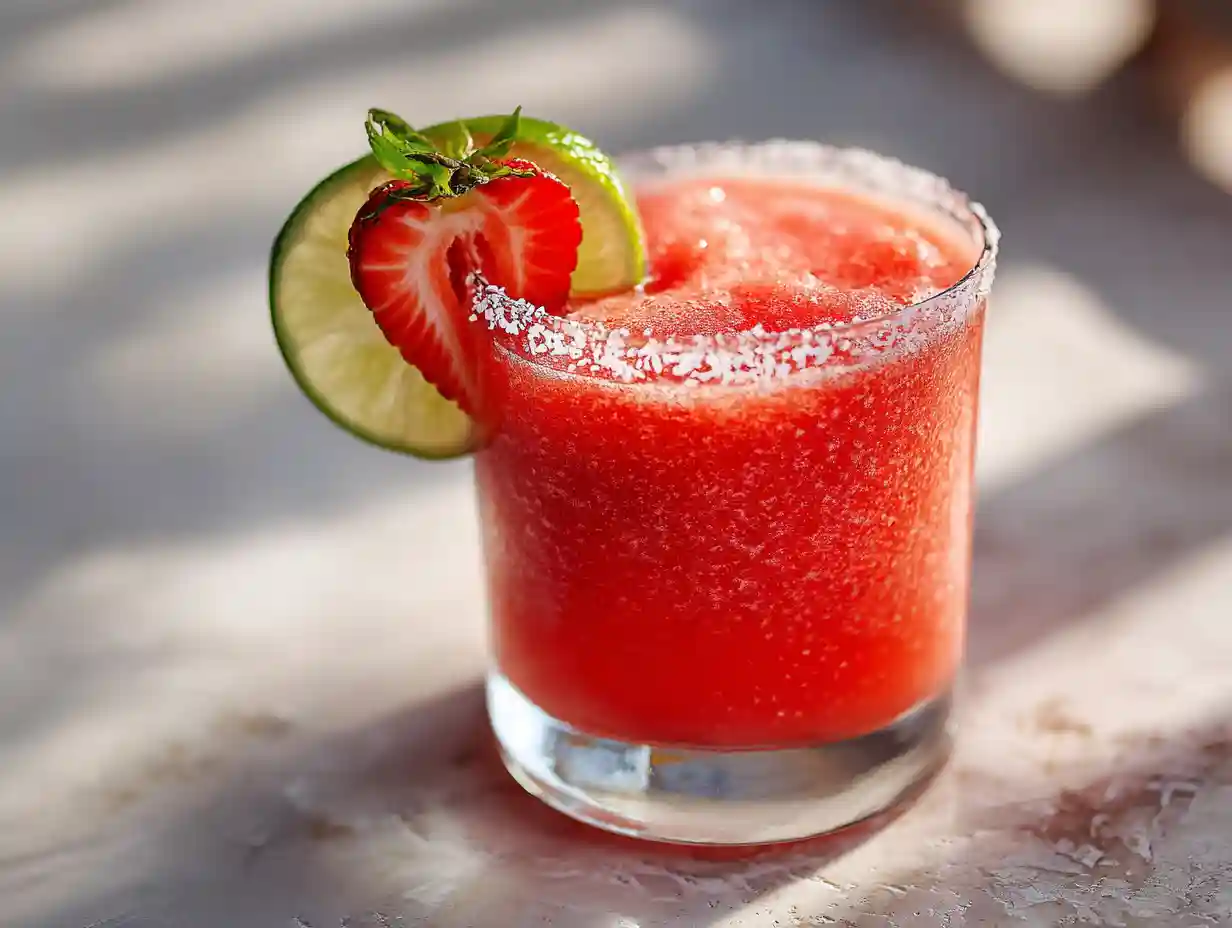 Featured image of a strawberry margarita recipe with strawberry and lime garnish