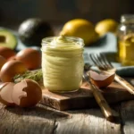 Avocado oil mayo recipe in a jar with fresh ingredients