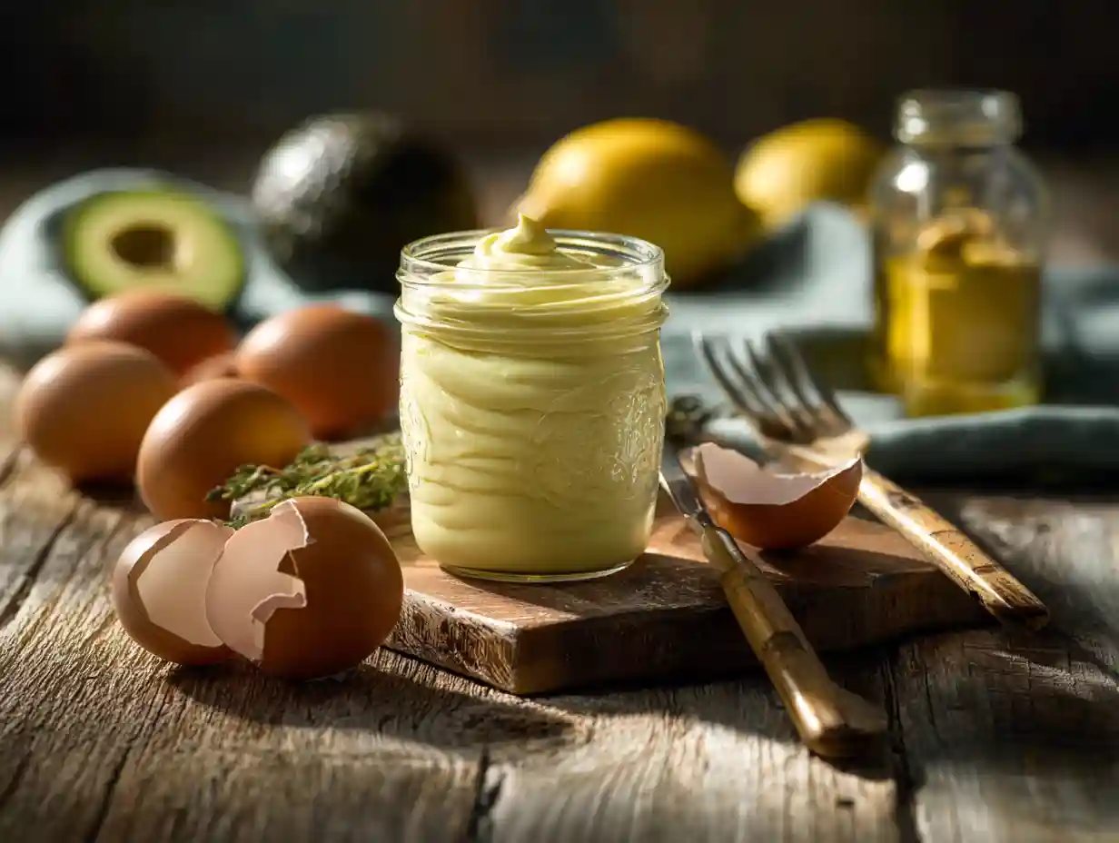 Avocado oil mayo recipe in a jar with fresh ingredients