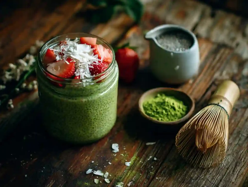 matcha chia pudding topped with strawberries in a rustic jar