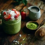 matcha chia pudding topped with strawberries in a rustic jar