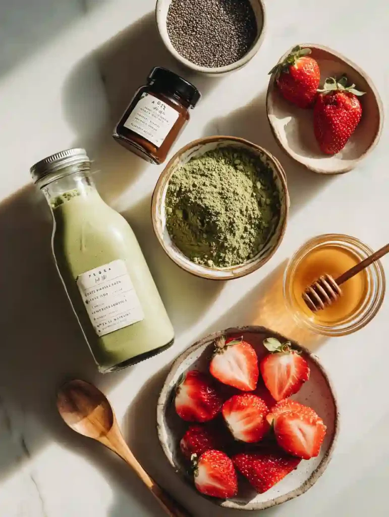 matcha chia pudding ingredients on a white background