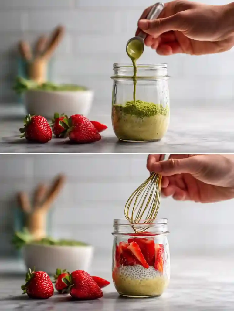 steps to make matcha chia pudding from mixing to serving