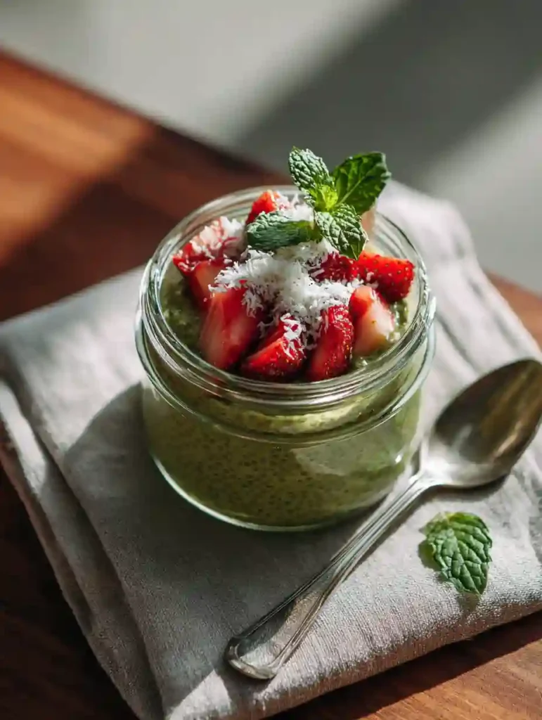 matcha chia pudding served with strawberries and coconut