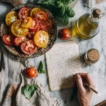 heirloom tomato salad recipe card with fresh produce