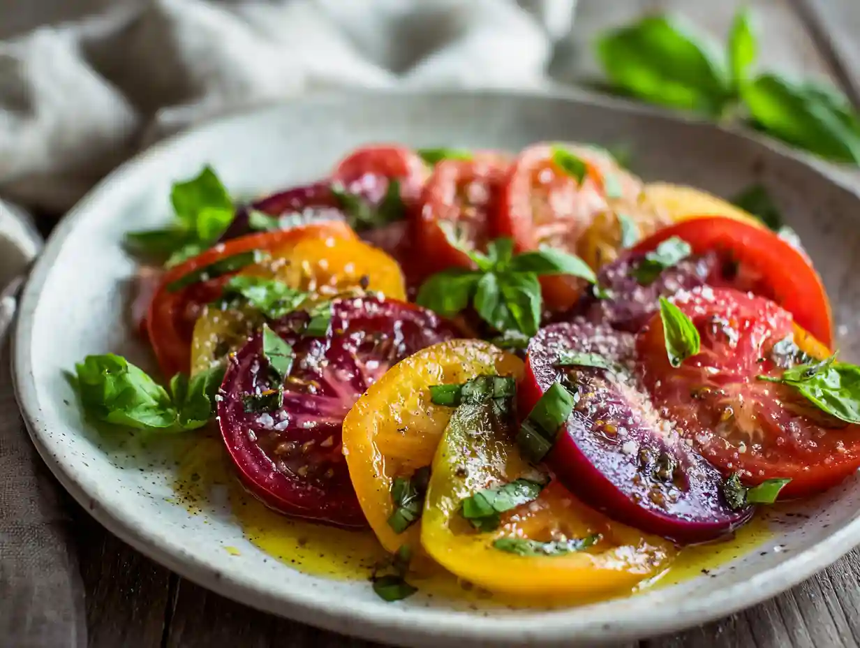 heirloom tomato salad with basil and olive oil on white plate
