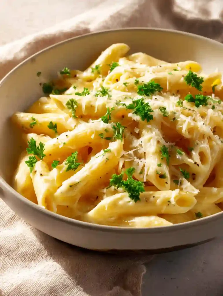 Bowl of penne pasta with Palomino sauce, parsley, and Parmesan