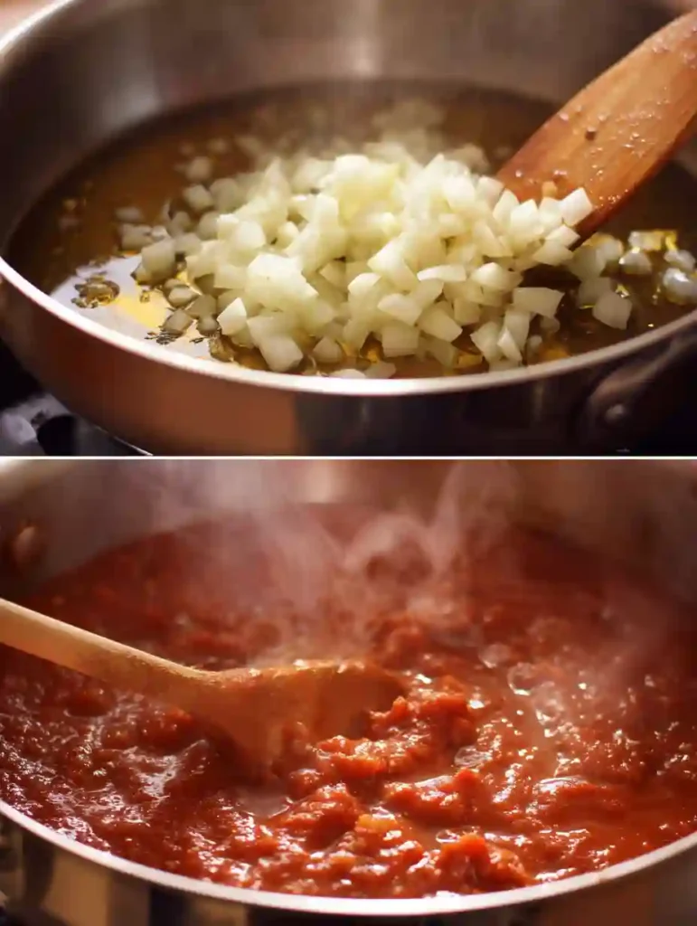 Cooking onions and garlic, then adding marinara for Palomino sauce