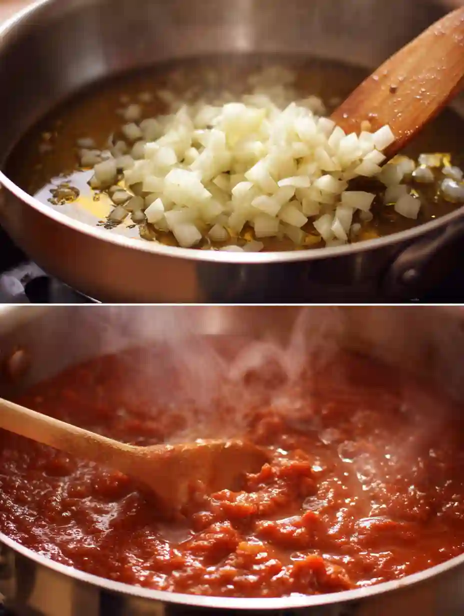 Cooking onions and garlic, then adding marinara for Palomino sauce