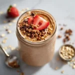 top-down view of peanut butter smoothie without banana in mason jar