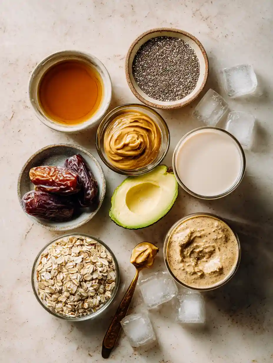 peanut-butter-smoothie-without-banana-ingredients peanut butter smoothie without banana ingredients laid out on counter
