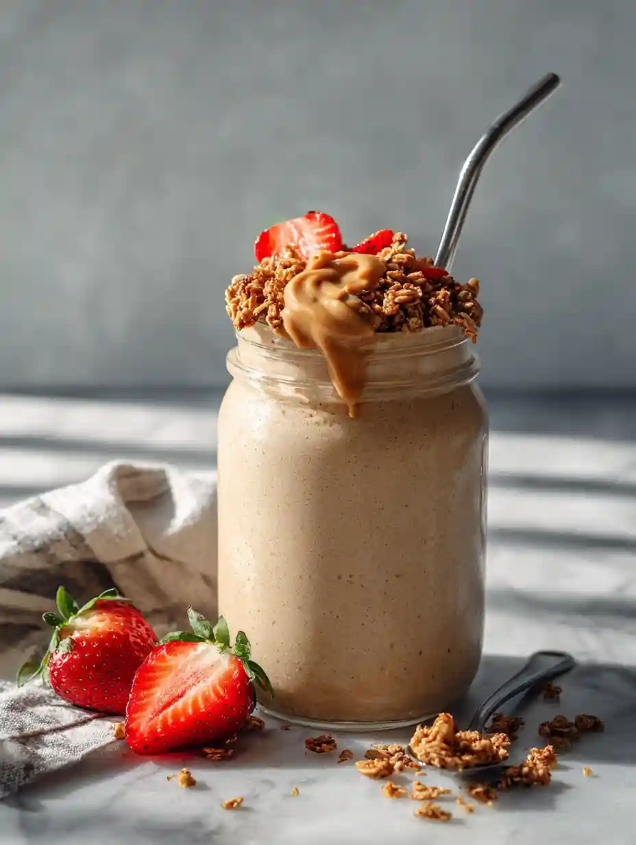 peanut-butter-smoothie-without-banana-served peanut butter smoothie without banana served in mason jar with toppings