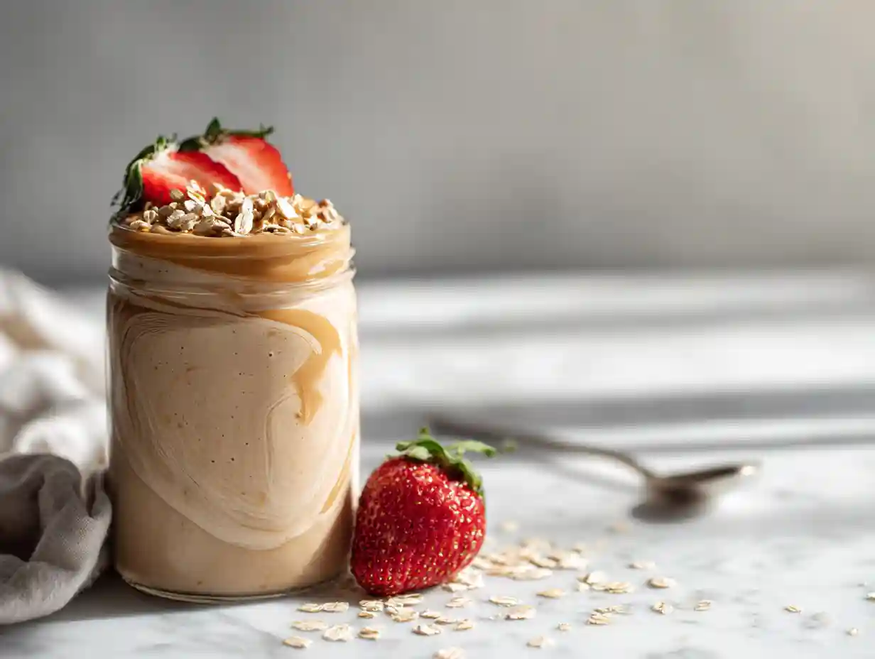 peanut butter smoothie without banana in glass jar with toppings