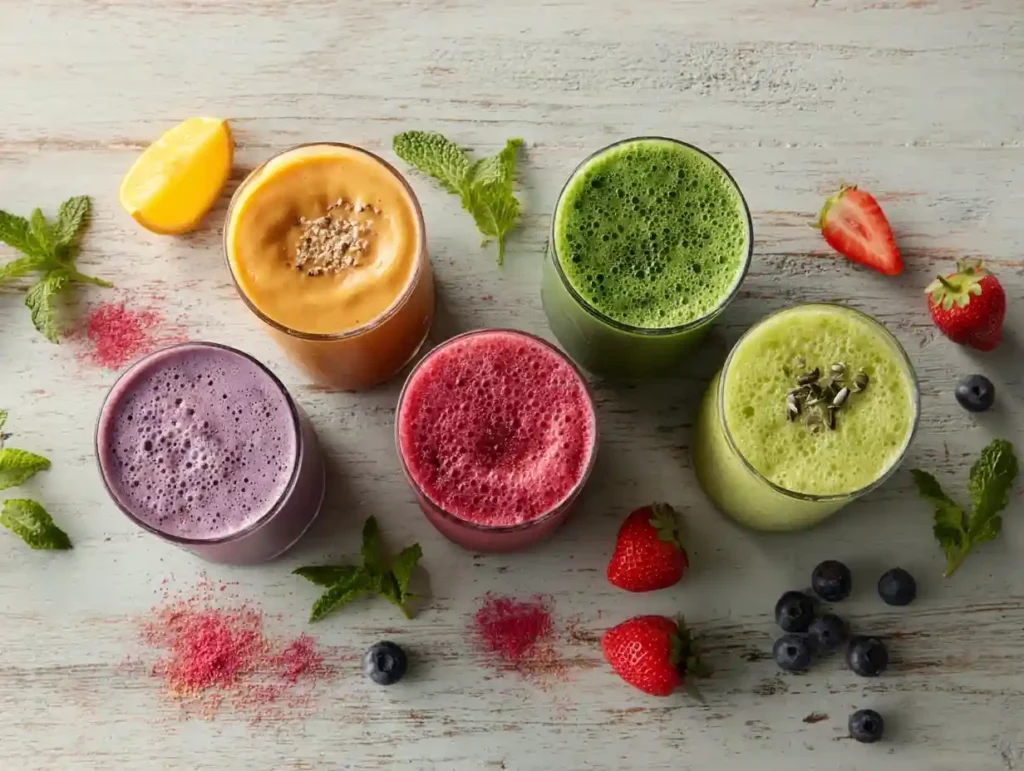 5 smoothies without banana on a wooden table