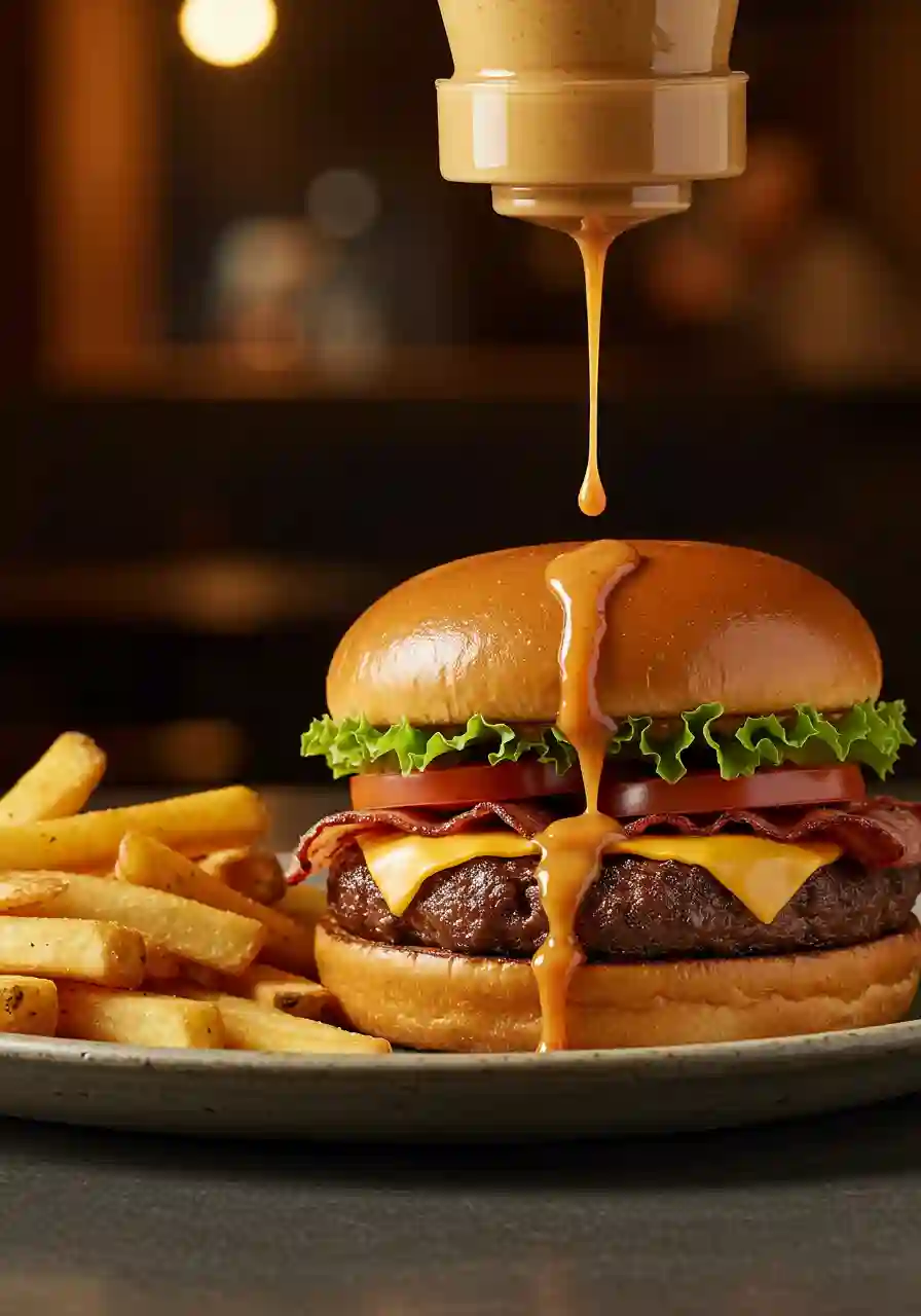 Warlockian Sauce drizzled over burgers and fries