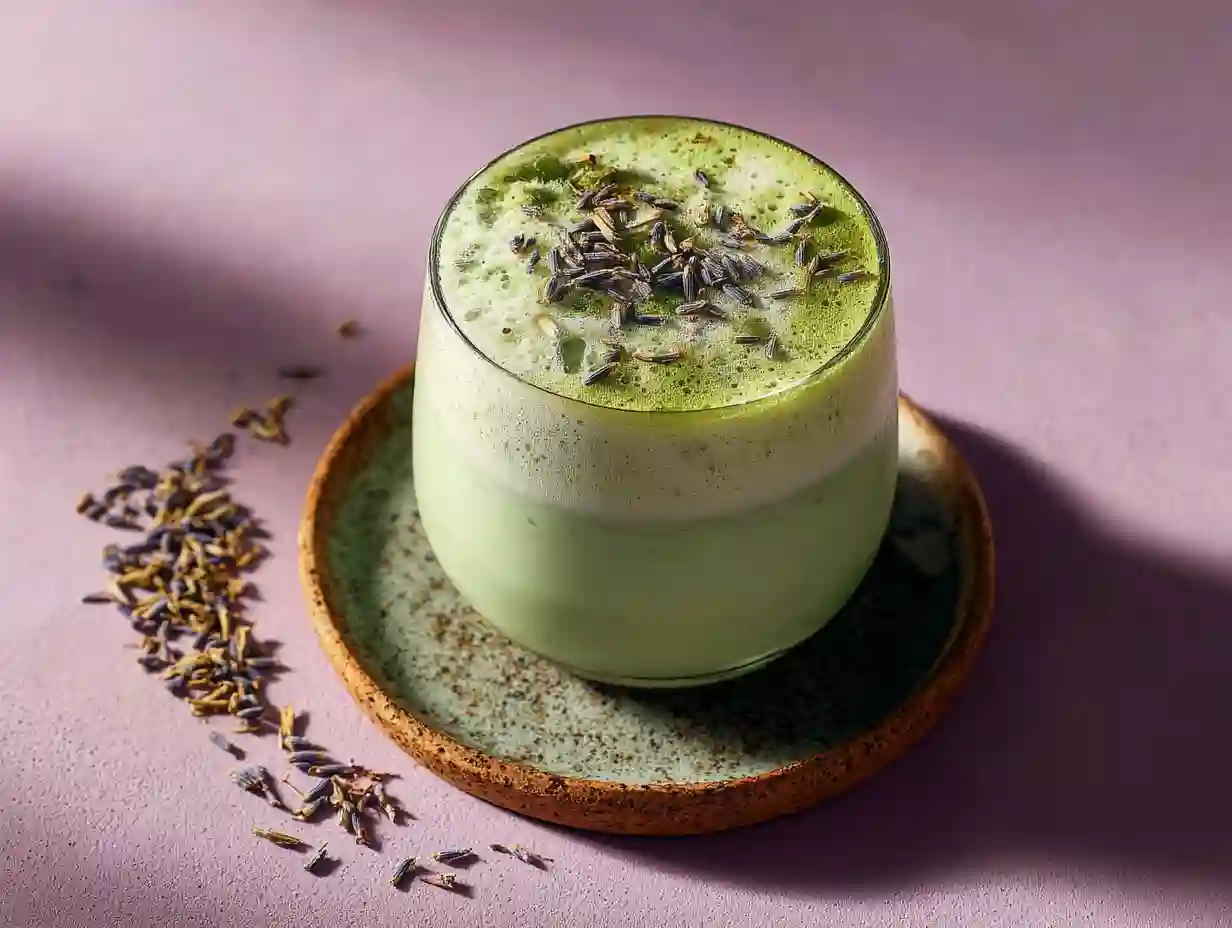 Two lavender matcha lattes served with floral garnish