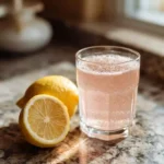 Glass of pink salt weight loss recipe with lemon garnish on kitchen counter