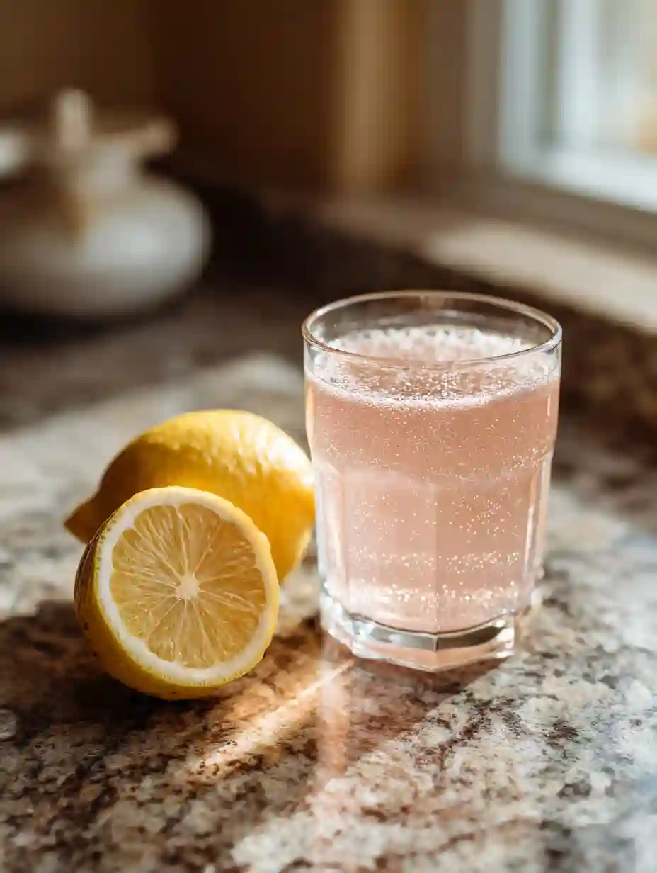 Glass of pink salt weight loss recipe with lemon garnish on kitchen counter