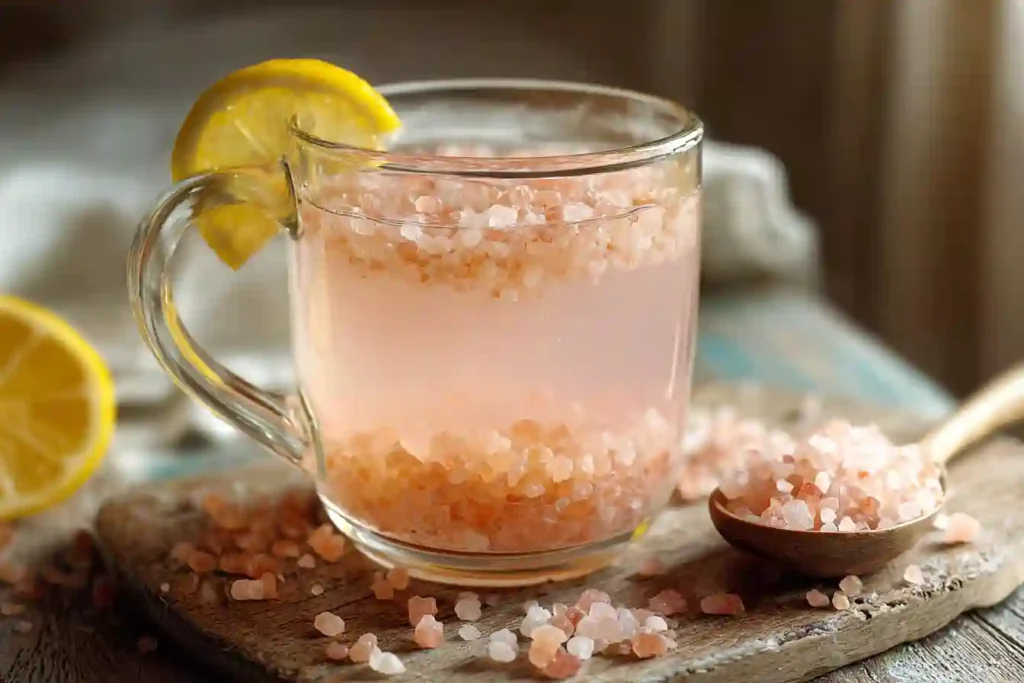 Pink salt weight loss recipe with lemon and Himalayan salt in a glass mug
