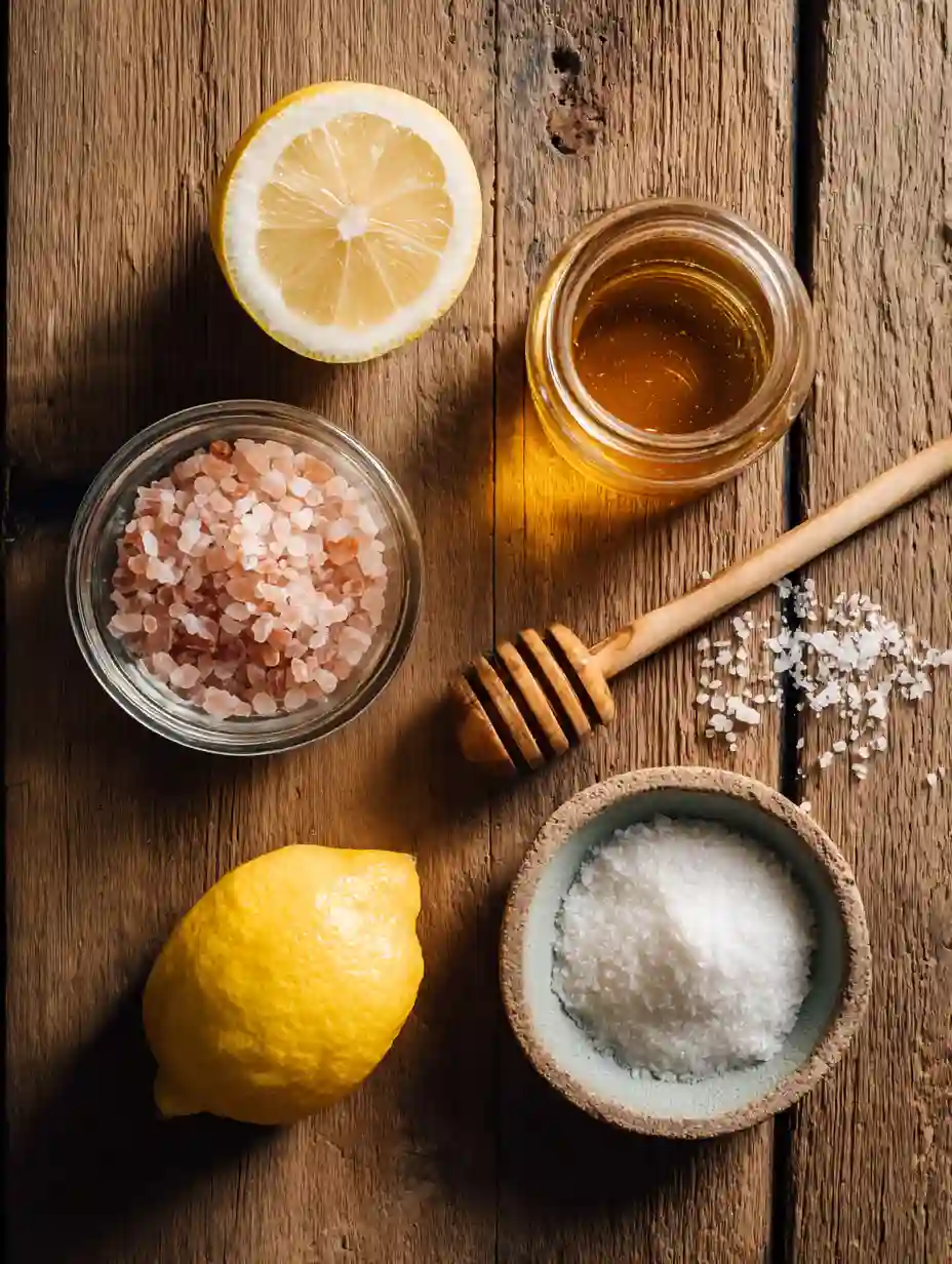 Flat lay of pink salt, lemon, honey, and salt for pink salt weight loss drink