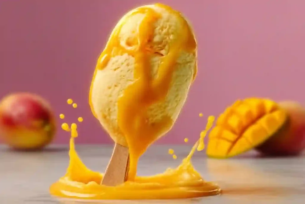 Propitious mango ice cream with cracked white chocolate shell and strawberry powder.