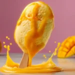 Propitious mango ice cream with cracked white chocolate shell and strawberry powder.