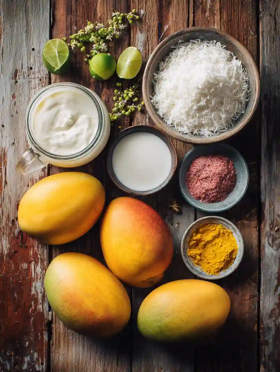 Ingredients for propitious mango ice cream including mangoes, cream, white chocolate, and strawberry powder.