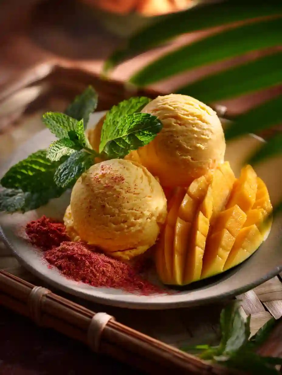 Served propitious mango ice cream with mango slices and strawberry powder.