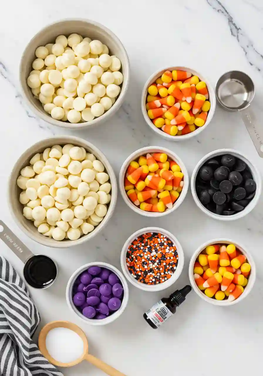 Overhead flat-lay of white chocolate, candy melts, candy corn, sprinkles, and food coloring for Candy Corn Bark Recipe.