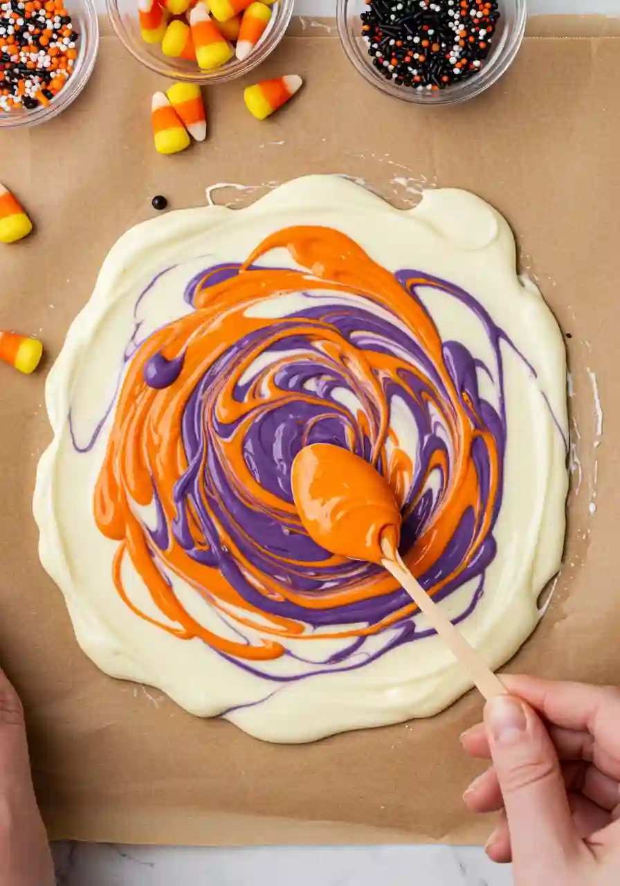 Hand swirling orange, purple, and black candy melts into melted white chocolate for Halloween Candy Corn Bark.