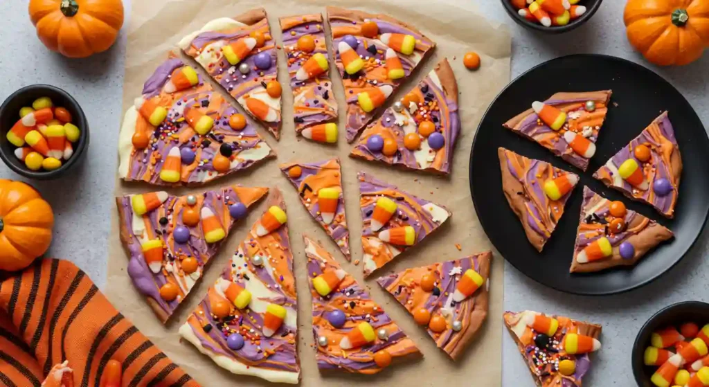 Broken shards of colorful Halloween Candy Corn Bark with candy corn, sprinkles, and swirled chocolate.