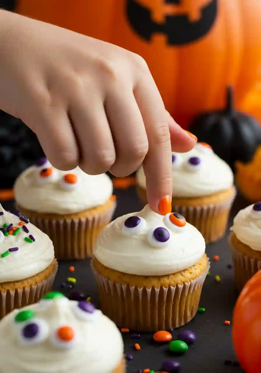 Adding candy eyes to ghost cupcakes for a spooky Halloween look.