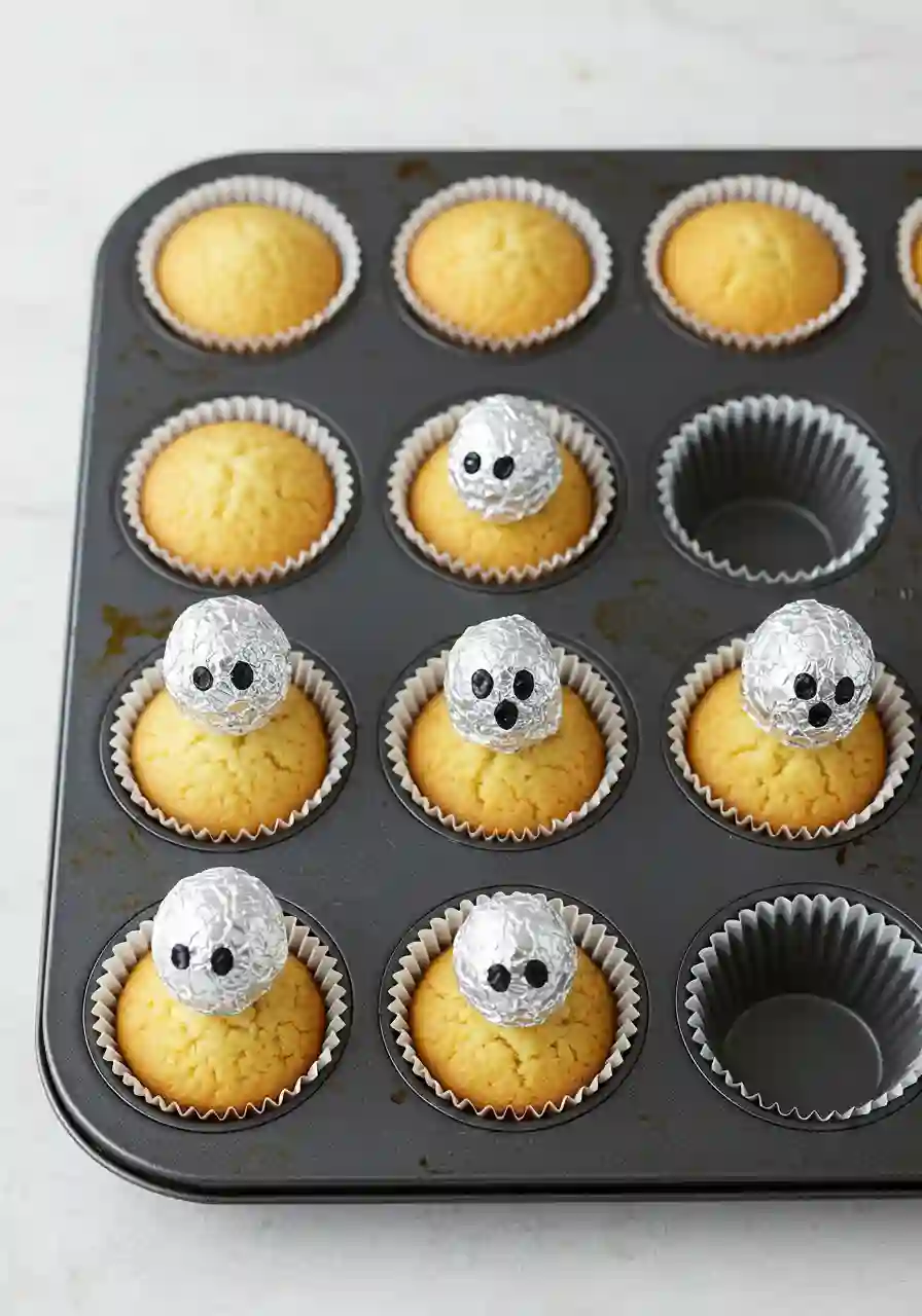 How to shape ghost cupcakes with foil balls before baking.