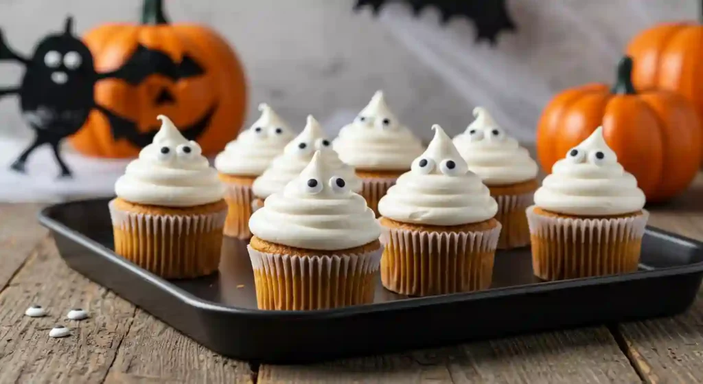 Finished ghost cupcakes recipe with frosting and candy eyes for Halloween.