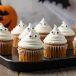 Finished ghost cupcakes recipe with frosting and candy eyes for Halloween.