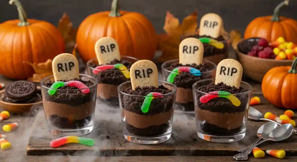 Graveyard Dirt Cups layered with pudding, Oreo crumbs, gummy worms, and cookie tombstones for Halloween