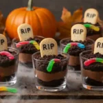 Graveyard Dirt Cups layered with pudding, Oreo crumbs, gummy worms, and cookie tombstones for Halloween