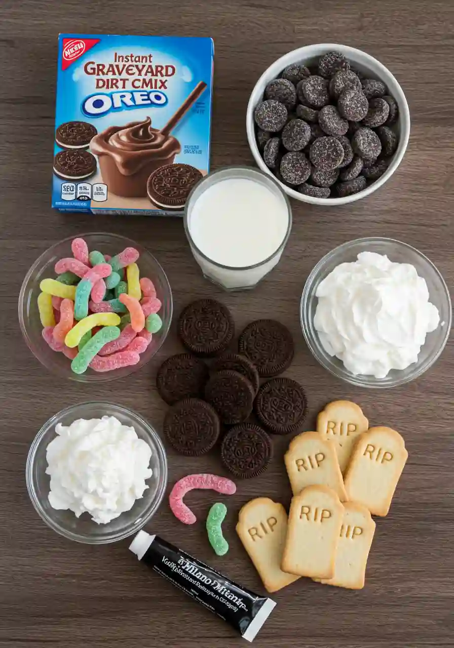 Ingredients for Graveyard Dirt Cups including chocolate pudding mix, milk, whipped topping, Oreo cookies, gummy worms, and Milano cookies
