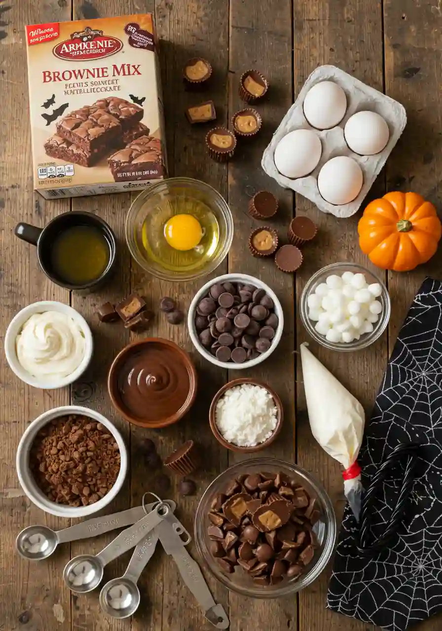 Flat lay of ingredients for Halloween brownies including brownie mix, chocolate chips, peanut butter cups, and icing.